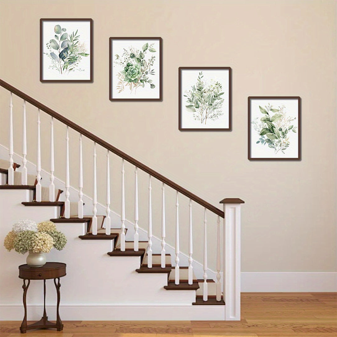 2D Flat 4pcs Frameless Sage Green Plant Wall Art Bohemian Floral Floral Wall Decoration Print, Sage Green Wildflower Wall Art, Bedroom Bathroom Farmhouse Modern Flower Plant Decoration Wall Art Printing Posters Wall Decor Pri