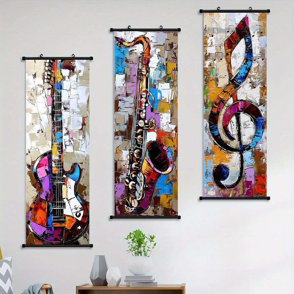 - 3pcs Vibrant Music Hanging Scroll Painting Set Showcasing Notes, Guitar and Saxophone Art, Artwork Wall Art Bathroom Bedroom Living Room Wall Decor, Home Decor, Aesthetic Room Decoration