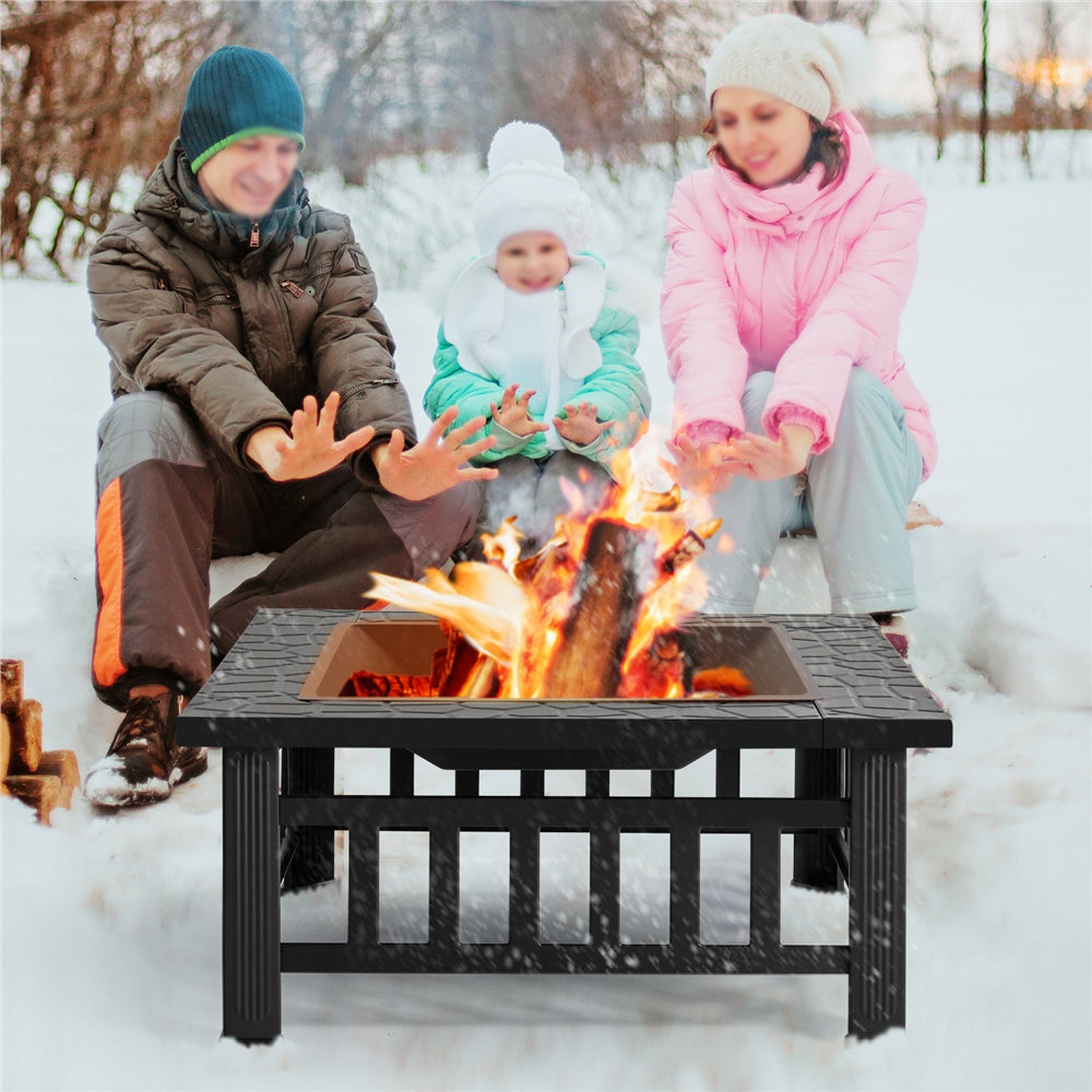 Costoffs Halloween 32in/34in Outdoor Multi-functional Fire Pit Wood Fire Pit Table for Patio Camping Square Firepit for Barbecue, Heating, Cooling w/Cover, Poker