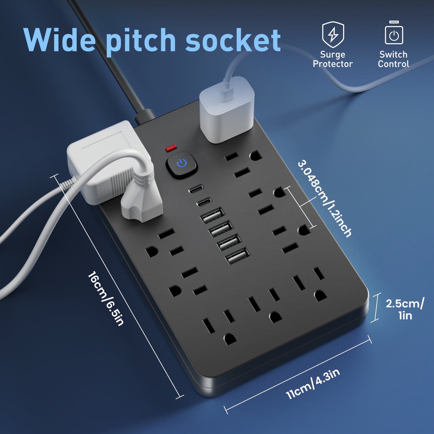 [11-Outlet Power Hub] 11-Outlet Power Hub with 4 USB and 2 USB-C Ports | 5FT or 10FT Length, Flat Plug, Wall Mountable, Overload Protection | Ideal for Home or Office Use