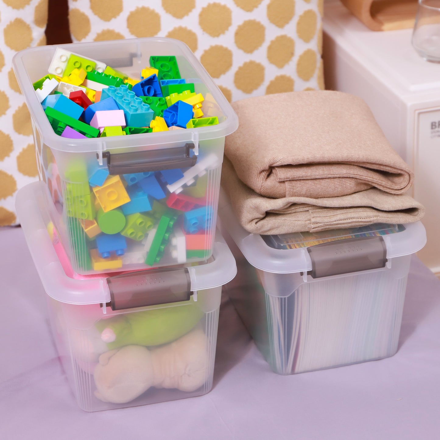 6pcs Transparent Plastic Storage Box, Stackable Storage Container with Lock Cover And Handle, for Organizing Toys, Books, Beads, Pantry Items, Multi-purpose Home Storage Accessories