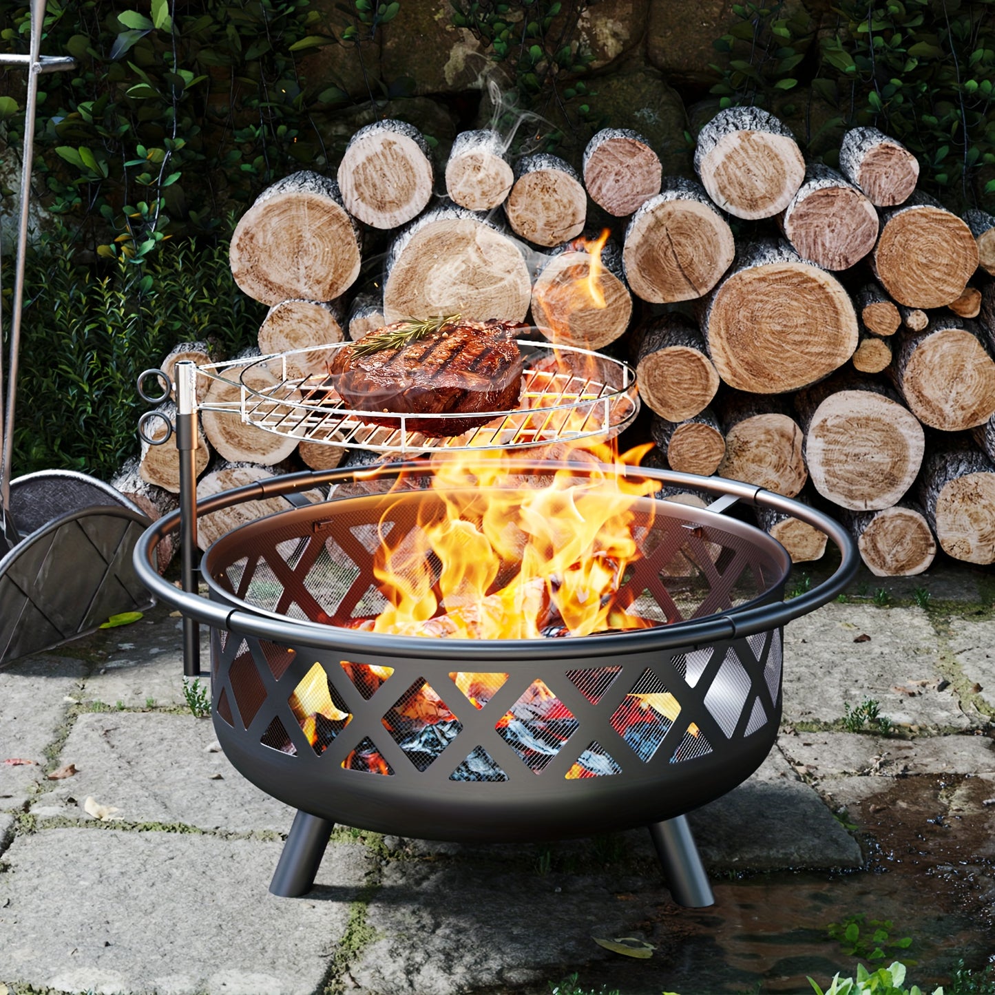 30" 2-in-1 Fire Pit with Metal BBQ Grill & Spark Screen - Durable Zinc Alloy Outdoor Fire Pit for Patio, Backyard, and Garden Use - Black Wood Burning Design with Handles for Easy Handling