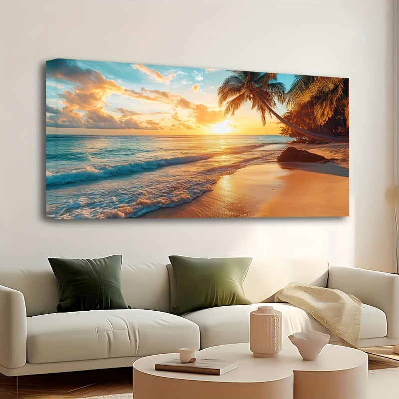1.5-Inch Thick Pine Solid Wood Frame, Natural Scenery Canvas Mural, Ocean Sunset Coastal Scenery Beach Picture Wall Decoration, Sea Poster Sea View Wall Decoration, Modern Relaxing Sunrise Skyline Painting, Suitable for Bathr
