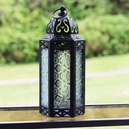 Stunning Ambient Lighting Safe and Stylish Glass Metal Moroccan Candle Lantern Holder Lamp with Battery-Operated LED Lights plus Remote Control – Handcrafted Lantern with Intricate Design and Embossed Glass, Indoor Home Dec