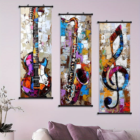- 3pcs Vibrant Music Hanging Scroll Painting Set Showcasing Notes, Guitar and Saxophone Art, Artwork Wall Art Bathroom Bedroom Living Room Wall Decor, Home Decor, Aesthetic Room Decoration