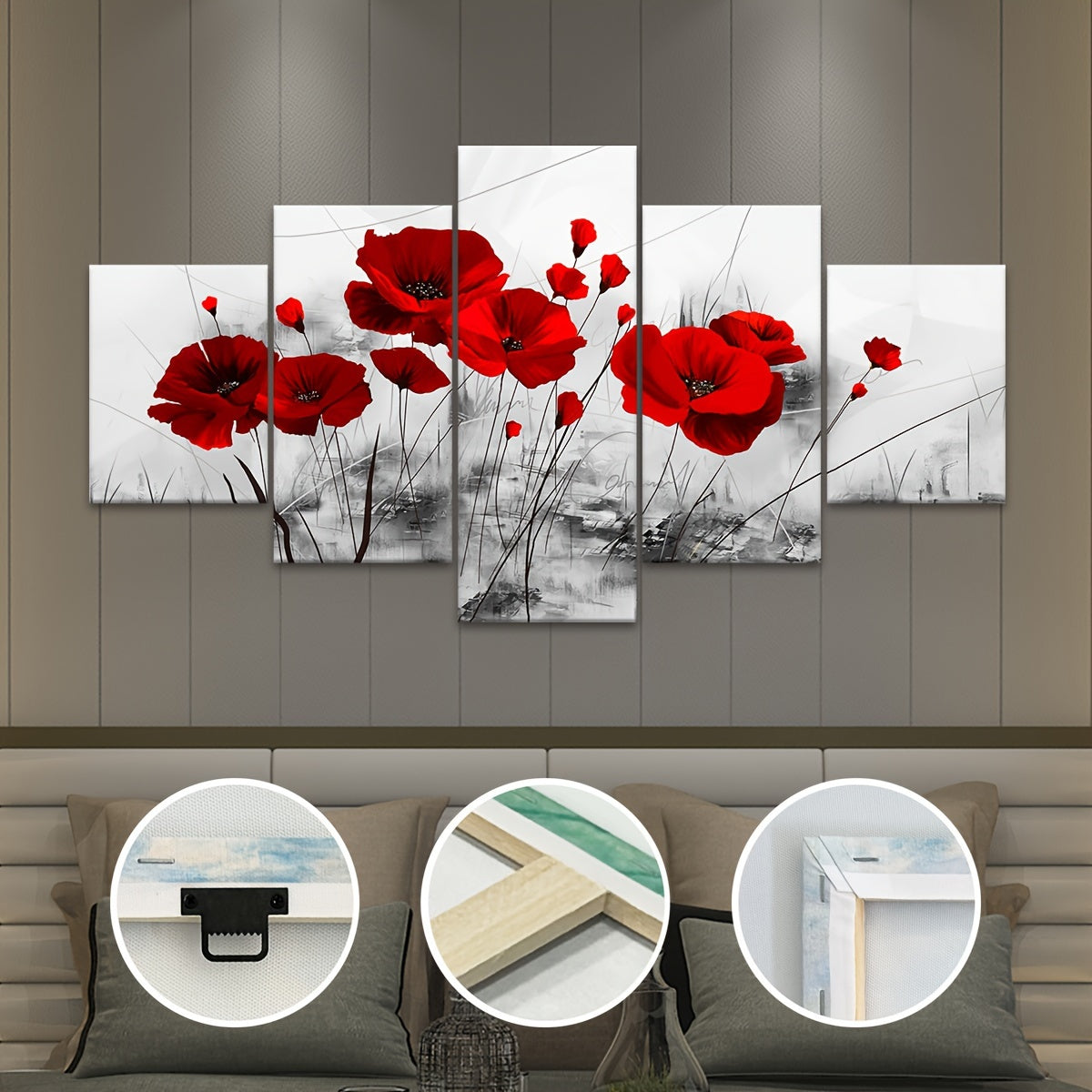 5pcs Modern Red Poppy Canvas Art Set - Vibrant Five-Panel Wall Decor, Waterproof & Odorless, Perfect for Living Room, Bedroom, or Kitchen, Ideal Gift for Family and Friends, Poppy Flower Decor