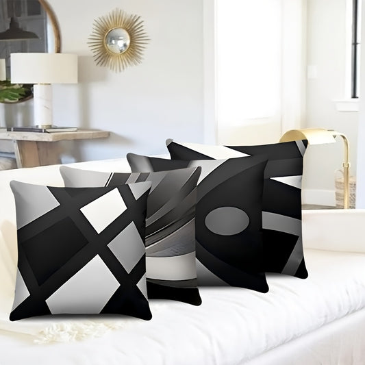 Set Of 4 Black Throw Pillow Covers Modern Abstract Grey Stripes Gray White Acrylic Bold Decorative Pillow Cases, Cozy Washable Polyester Cushion Covers For Home Decor Square 17.7x17.7 Inches Pillowcases (Pillow Insert Not Inc