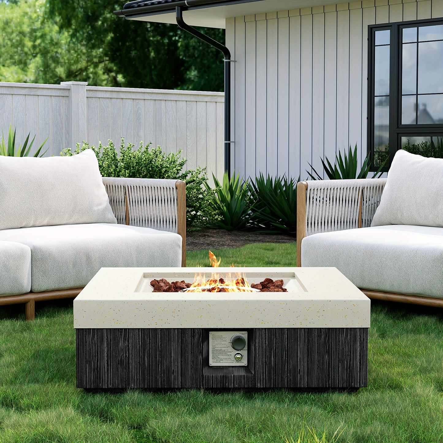 Outdoor Propane Fire Pit with Push Button Ignition - Heavy-Duty 50,000 BTU Patio heater, Modern Black & White dual-tone design, Waterproof, for Backyard, Garden, Poolside, Commercial Use - All-Season Outdoor heating, Backyard