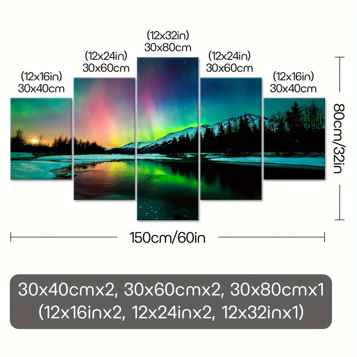 2D Flat, [2D FLAT] 5pcs Frame Romantic Aurora Canvas Poster, Five Panel Scene Art, Modular Landscape Picture, Print Painting, Modern Art, Ideal Decor for Bedroom Living Room Kitchen Dorm, Wall Decoration, Gift for Family Frie