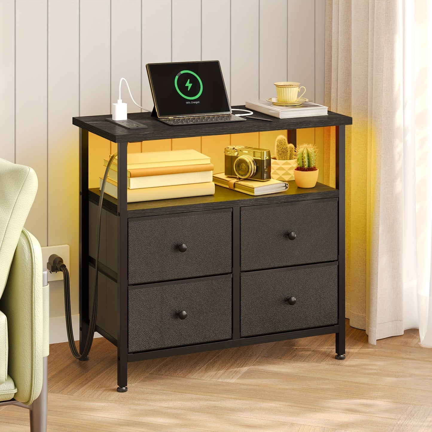 WHONLINE Night Stand with Charge Station, Bedside Table, Nightstand with 4 Drawers Bedside Table, LED Storgae Cabinet with Open Storage Shelf, Side Table for Bedroom Office, School And Dormitory Storage, for Halloween And Chr