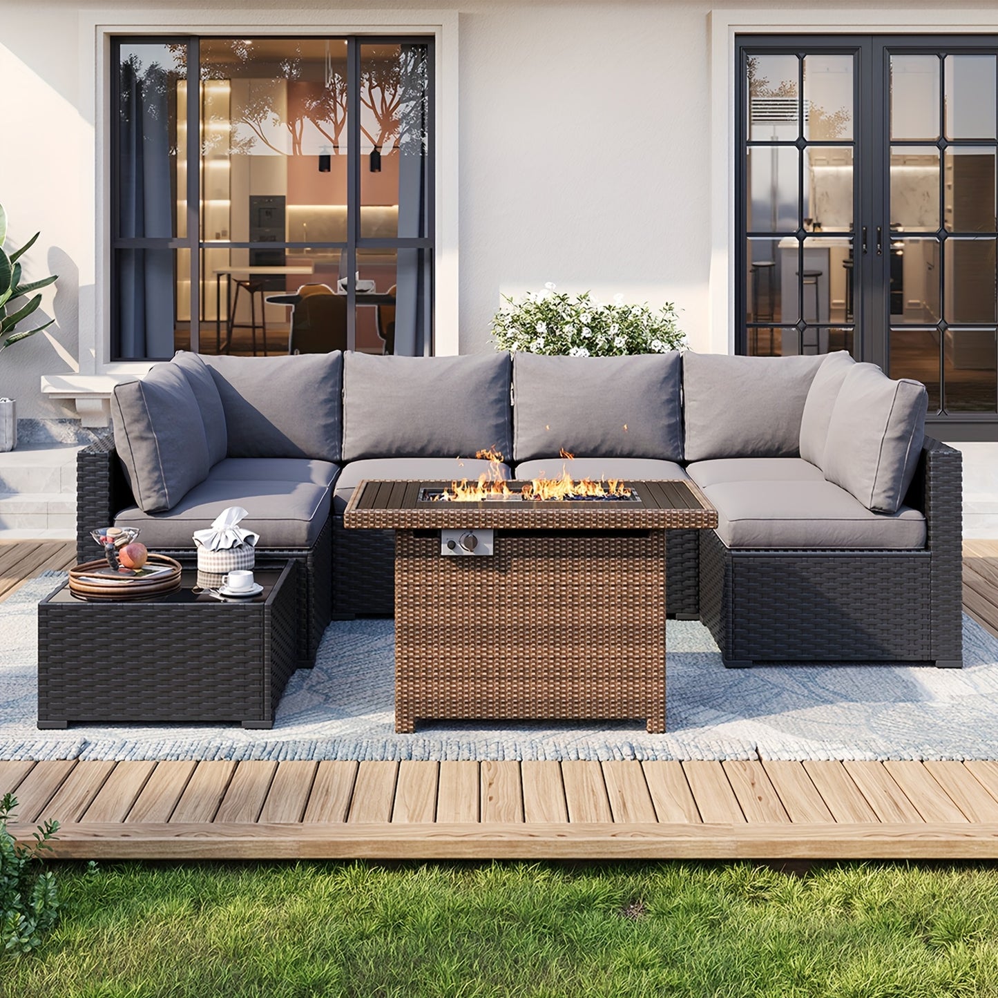 Oneinmil 3 & 8pcs Outdoor Sectional Patio Furniture Set with Fire Pit Table | L-Shaped Wicker Rattan Conversation Set | 4" Thick Waterproof Cushions for All-Weather Seating - Patio Furniture Outdoor for Deck, Garden, Poolside