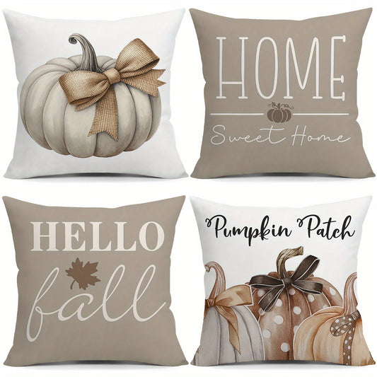 4pcs Home Sweet Home Throw Pillow Covers Champagne Color Bow White Pumpkin Cushion Case Fall Thanksgiving Day Farmhouse Decorations for Sofa Couch Livingroom