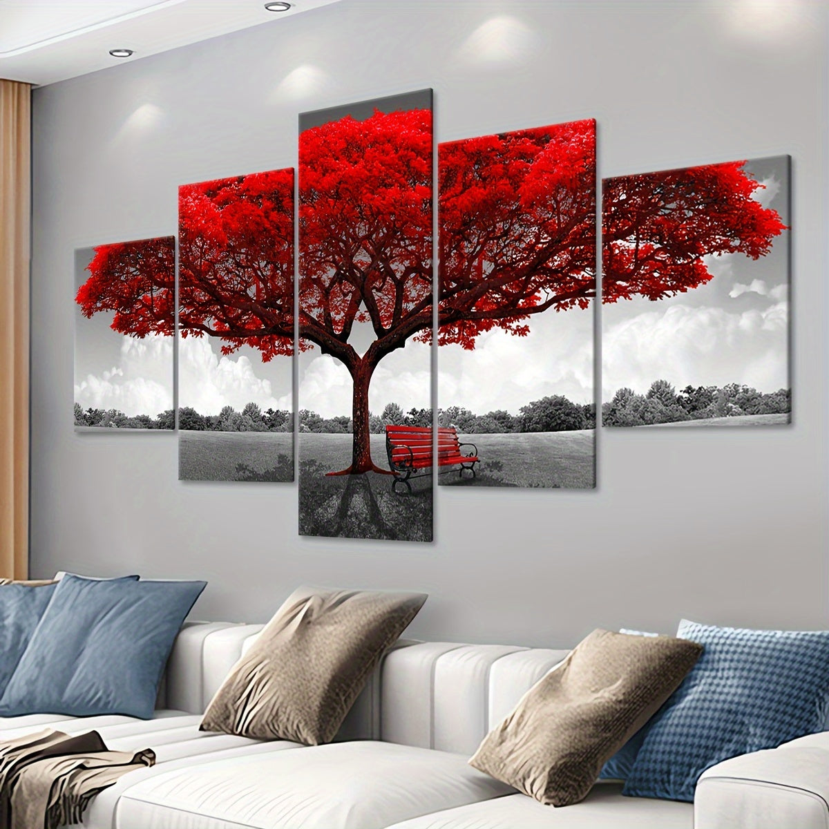 2D Flat, [2D FLAT] 5pcs Frame Red Happiness Tree Canvas Poster, Five Panel Scene Art, Modular Picture, Print Painting, Modern Art, Ideal Decor for Bedroom Living Room Kitchen Dorm, Wall Decoration, Gift for Family Friends, Mu