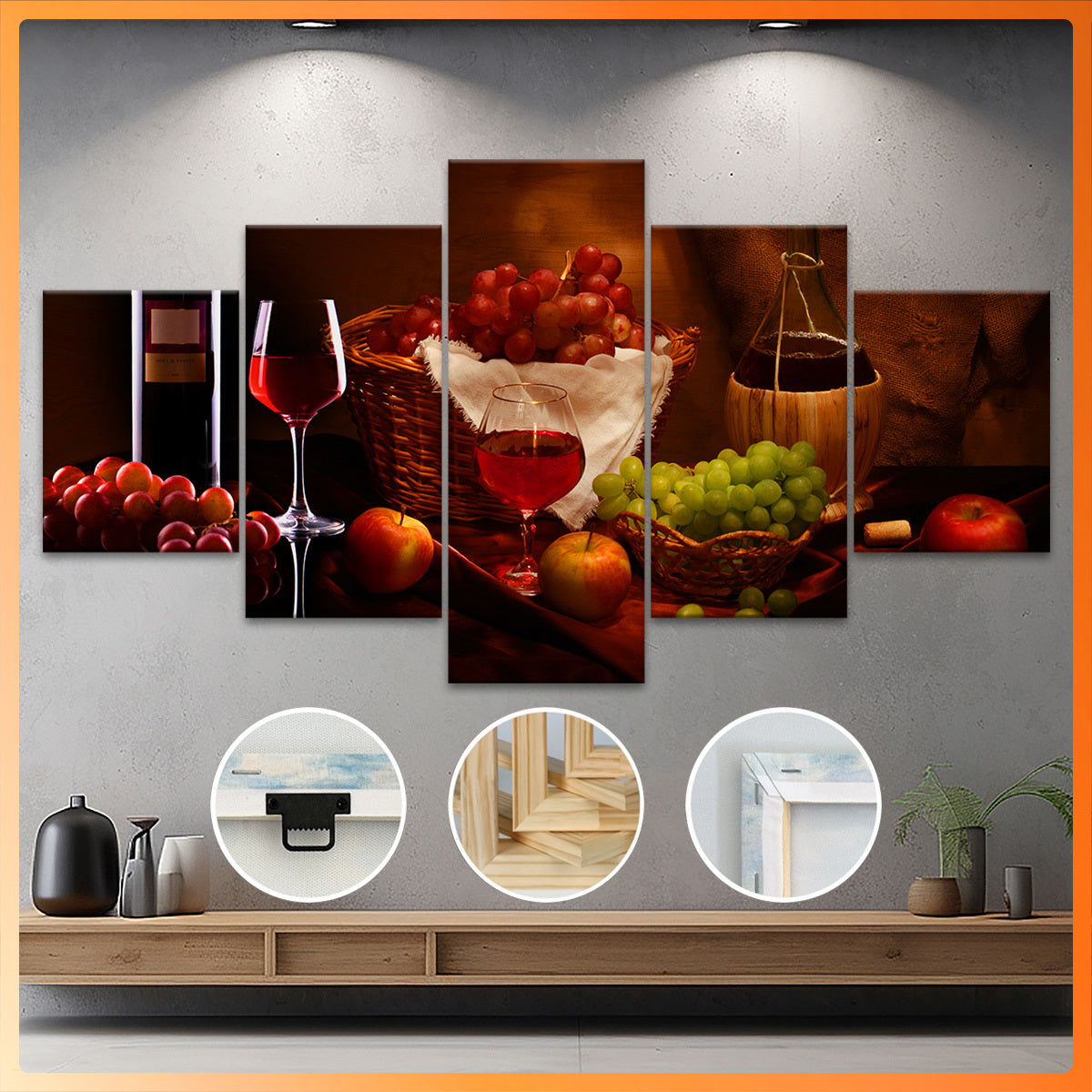 5pcs Exquisite Wooden Framed Wine Painting Canvas, Good Gift for Friend, Pattern Art for Home Decoration, Wall Decor for Living Room, Bedroom, Office, Bar, Restaurant, Waterproof, Odorless Painting, High Quality Waterproof Fr