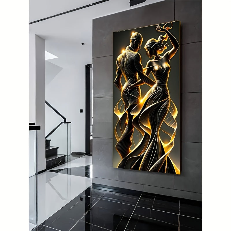[1pc Abstract Wall Art] Modern Golden Abstract Lovers Wall Art Canvas, 1pc Frameless | 23.62x47.24 inches, No Power Needed, for Bedroom, Living Room, Corridor Decor, Black Love Theme Poster