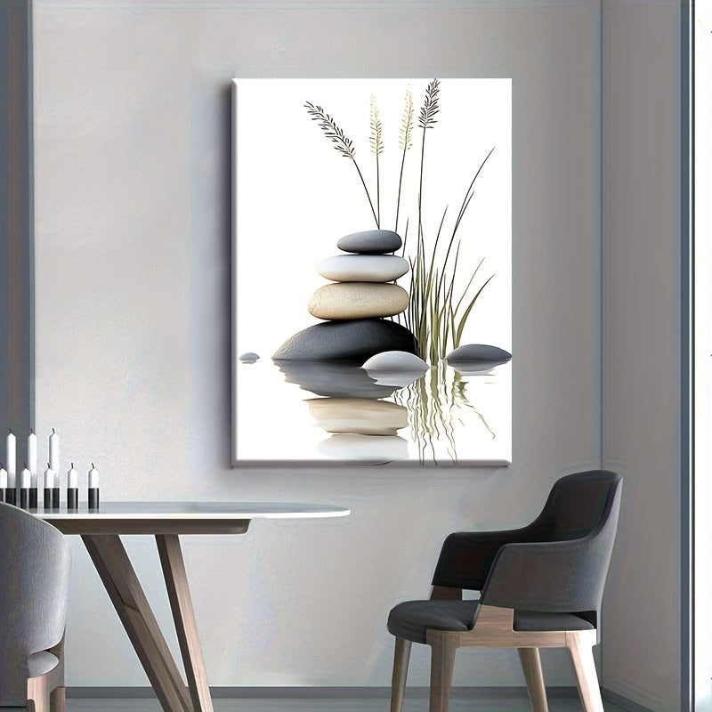[Bohemian Wall Art] 1pc Solid Wood Framed Canvas Poster - Waterproof Durable Wall Art with Tranquil Stacked Stones & Grasses Design, Contemporary Bohemian Modern Style for Living Room, Bathroom Decor, Spring Holiday Gift for