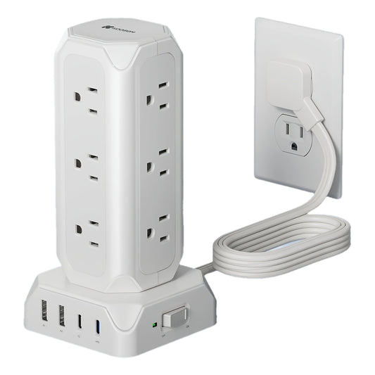 12 Outlets(1625W/13A) Power Strip Tower with 35W USB(2 USB-A & 2 USB-C) Charging Station, 20W PD Fast Charger, Surge Protector, 6.5/10/15ft Flat Plug Extension Cord with Multiple Outlets for Home, Office, Dorm, Multi Outlet P