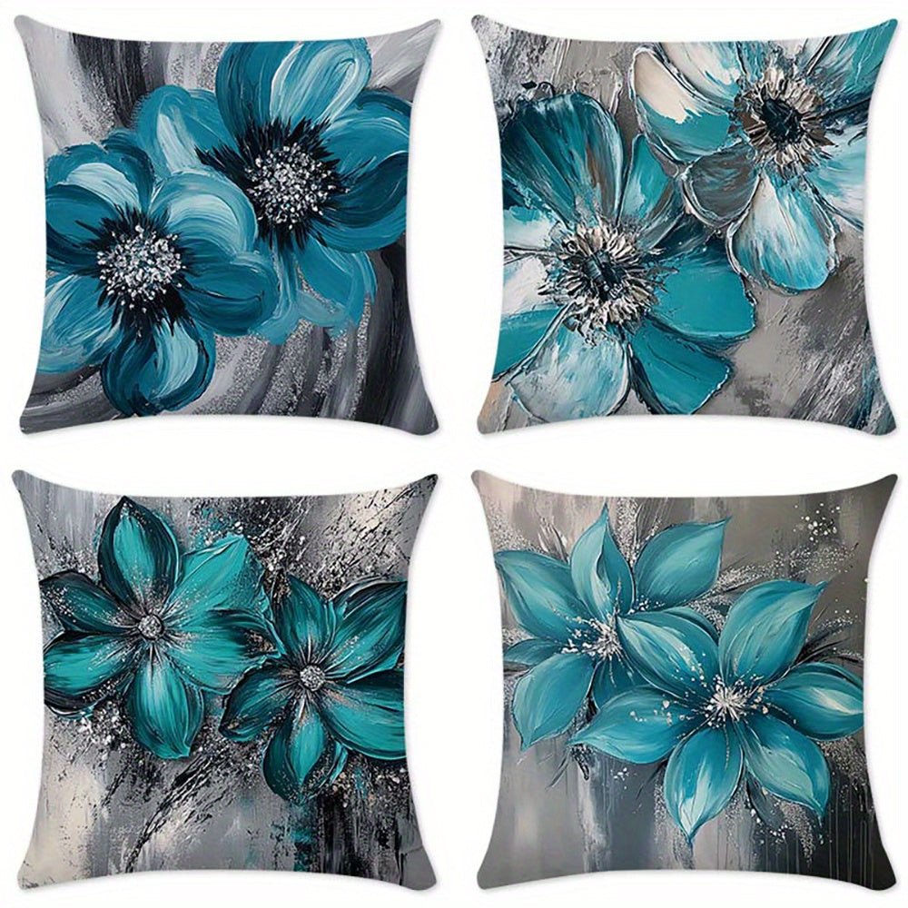 4pcs Large Floral Cushion Covers - Teal Blue & Gray Floral Farmhouse Decor, Zipper Closure Pillow Cases, Machine Washable Polyester Cushion Covers for Living Room, Bedroom, Patio - Modern Home Accents, Farmhouse Pillow Covers
