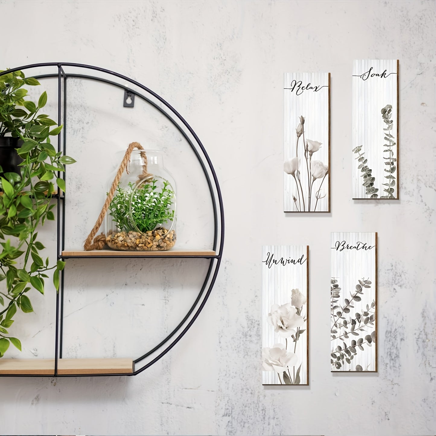[4pcs Wooden Bathroom Decor] 4pcs Wooden Bohemian Plant Bathroom Wall Decor | Relax Soak and Breathe Bathroom Wall Wood Sign, Minimalist Floral Bathroom Wall Art Home Bathroom Washroom Laundry Room Wall Decoration