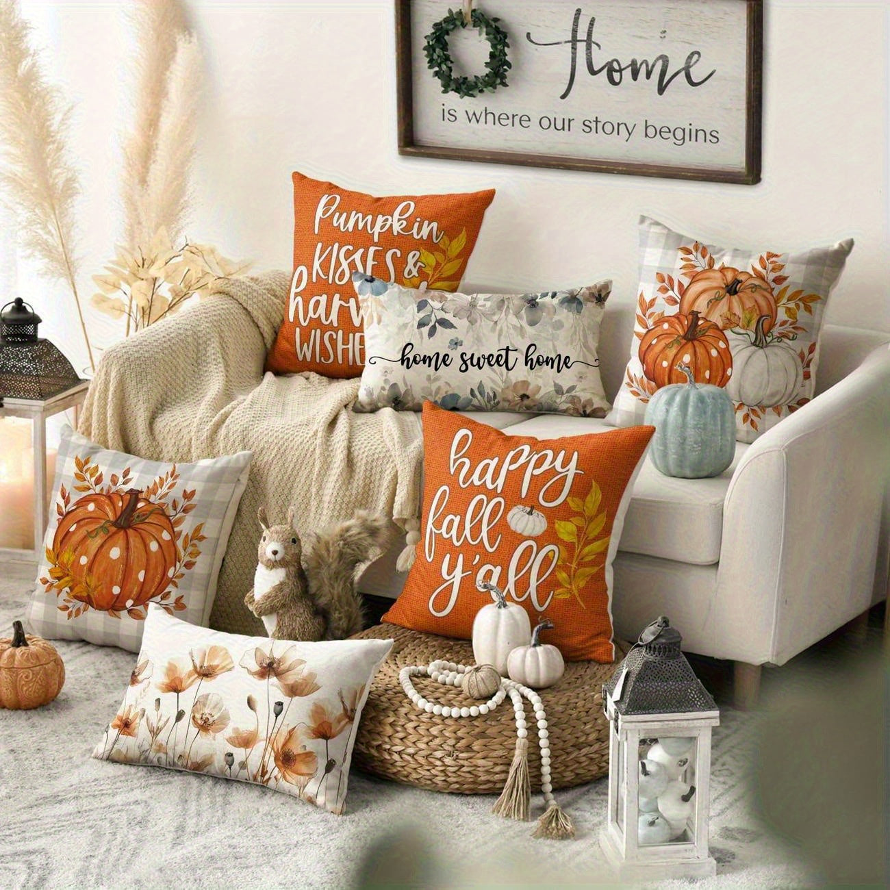 4pcs Autumn Harvest Decorative Throw Pillow Covers - Farmhouse Fall Cushion Cases with Pumpkin, Happy Fall y'all Text - Machine Washable Zipper Closure for Thanksgiving, Living Room, Porch, Outdoor Sofa - Available in 14x14,