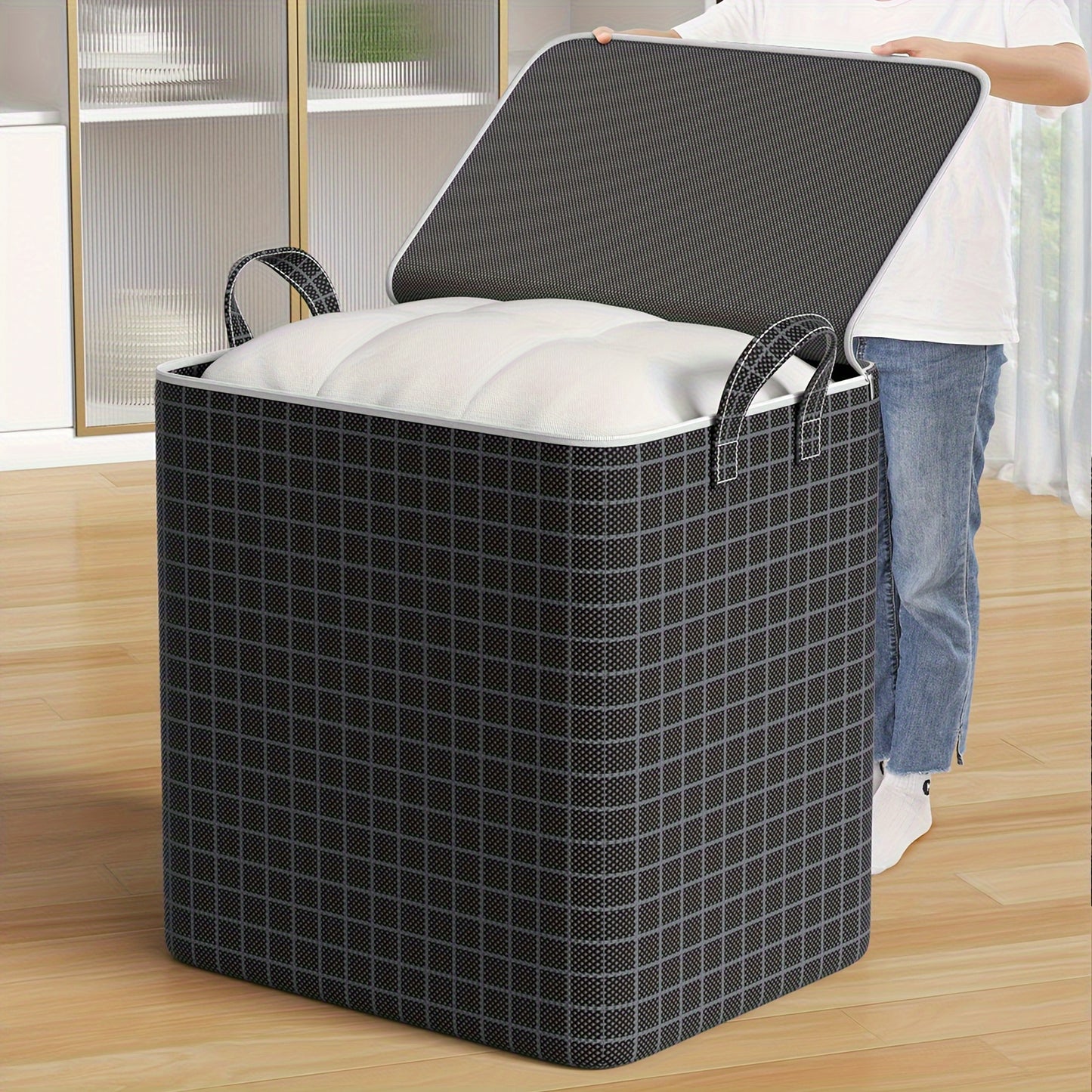 1pc Large Capacity Storage Bag, YOUFEN Brand, Unfinished Fabric, Foldable for Blankets, Quilts, Clothes, Toys, Books, 27-inch Height, 3.2 Cubic Feet, Home Organization