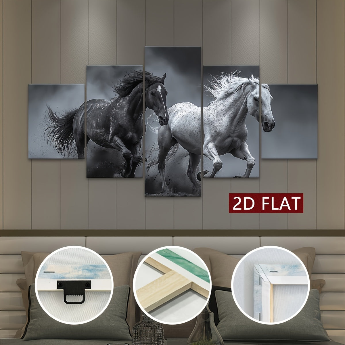 2D Flat 5pcs Frame Animal A Galloping Horse Canvas Poster, Five Panel Scene Art, Modular Picture, Print Painting, Modern Art, Ideal Decor for Bedroom Room Kitchen Dorm, Wall Decoration, Gift for Family Friends, Murals, Waterp