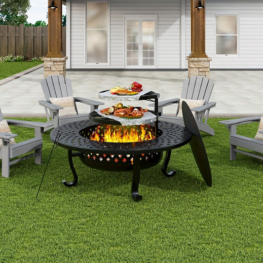 43" Outdoor Fire Pit With 2 Grill, Wood Burning Firepit For Outside With Lid & Fire Poker