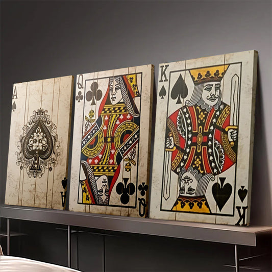[3 Vintage Posters] 3 Vintage Playing Cards Posters | Queen of Hearts Decor Poster and Carved Canvas Wall Art Image for Bar Home Decor