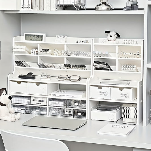 Ergonomic Double-Layer Dorm Desk Organizer with Slanted Pen Holder, Heightening Bookshelf & Drawer Storage - Matte White PVC, Ideal for Stationery, Cosmetics & Office Supplies, Dorm Room Organizer|Modern Desk Organizer|Compar