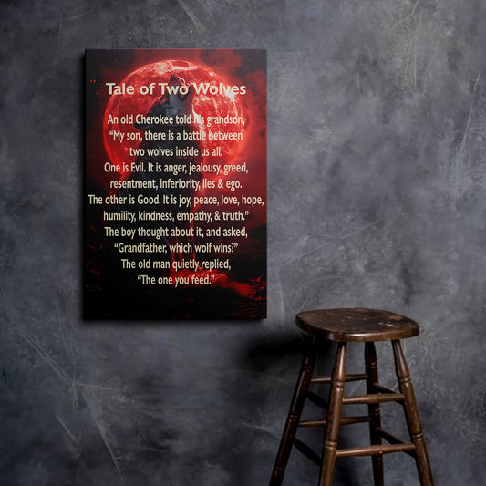 [Inspirational Wolf Canvas Art] 1pc Inspirational Wolf Howling at Moon Canvas Wall Art - Framed Tale of Two Wolves Quote, Red & Black Contrast Design, High-Quality Print with Hook for Home, Office, Bedroom, Yoga Studio Decor,