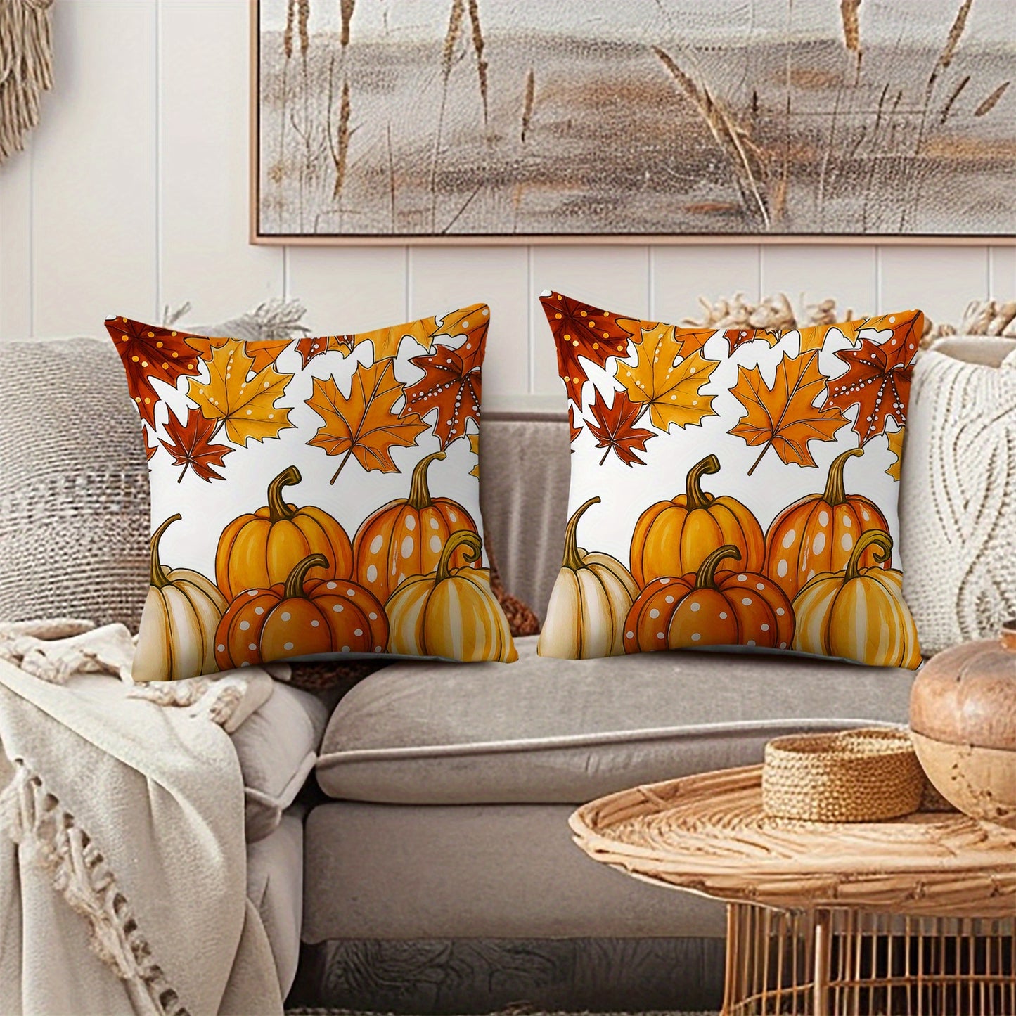 2pcs White Polka Dot Pumpkin Throw Pillow Covers Red Yellow Eucalyptus Leaves Cushion Case Fall Thanksgiving Day Farmhouse Decorations for Sofa Couch Livingroom