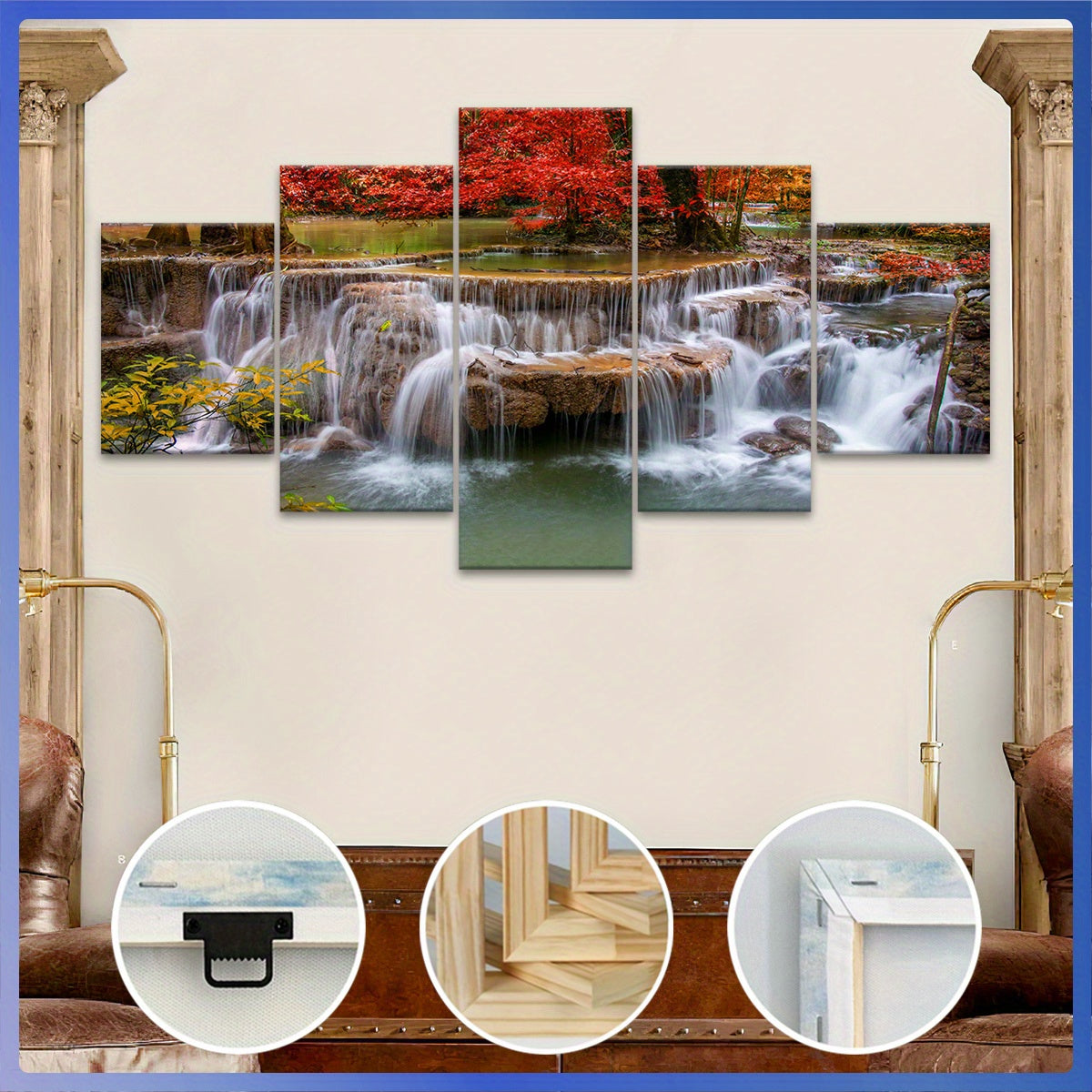 5pcs Wooden Framed Canvas, Jungle And Stream Theme Poster, Pattern Art for Home Decoration, Wall Decor for Living Room, Bedroom, Office, Bar, Restaurant, High Quality Waterproof Painting, HD Artwork.