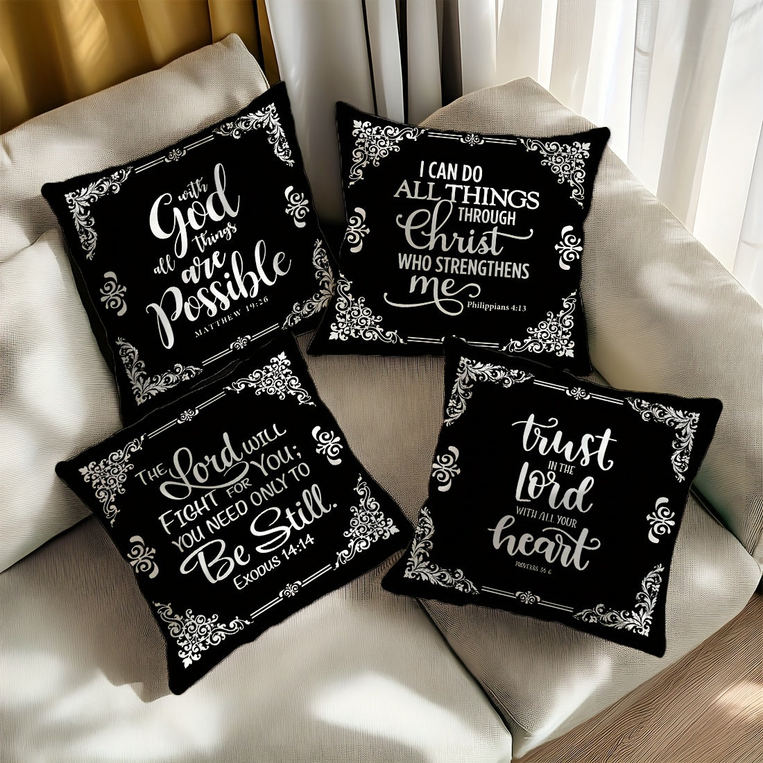 4pcs, Black White Bible Verse Retro Border Throw Pillow Covers, Simple Style Throw Pillow Case, 100% Polyester Peach Skin Material, Single Side Printing 45x45cm/17.71x17.71in, Decorative Cushion Cover For Home Bedroom Sofa Ch