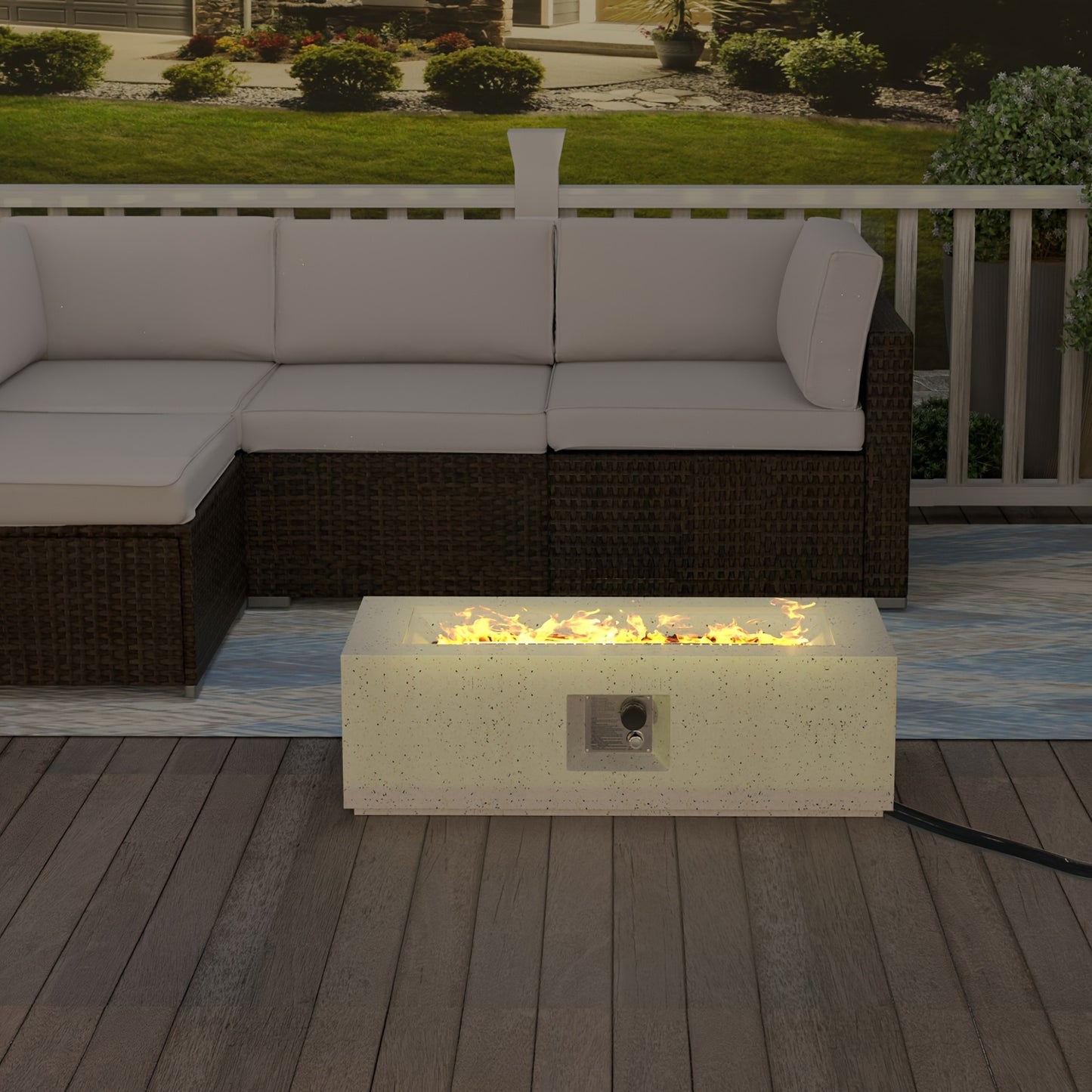 [42" Fire Pit Table] 42" Rectangular Fire Pit Table - 1pc 40,000 BTU Propane Fire Pit with Adjustable Flame, Speckled White Finish, Built-In Storage & Side Table, Matchable Glass Cover & Tank Cover - Outdoor Heating for Patio