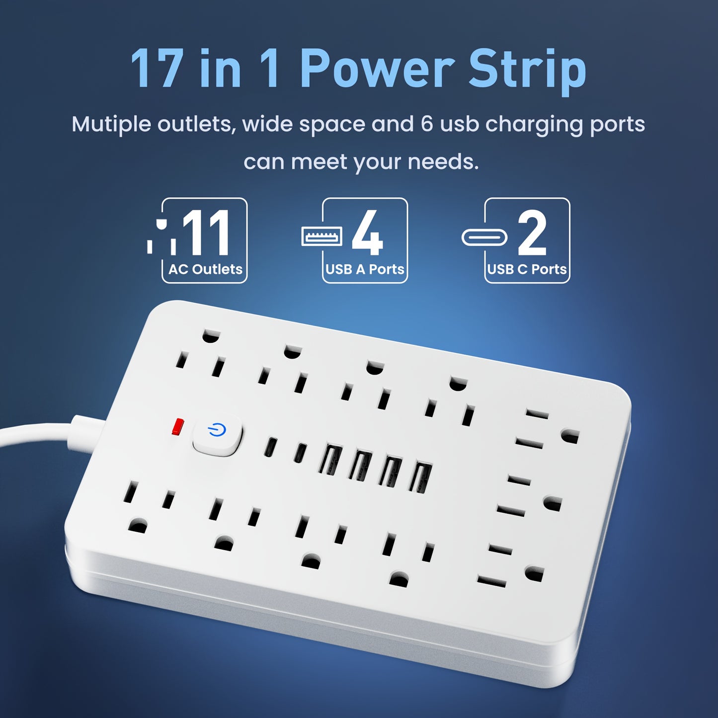 [11-Outlet Power Hub] 11-Outlet Power Hub with 4 USB and 2 USB-C Ports | 5FT or 10FT Length, Flat Plug, Wall Mountable, Overload Protection | Ideal for Home or Office Use
