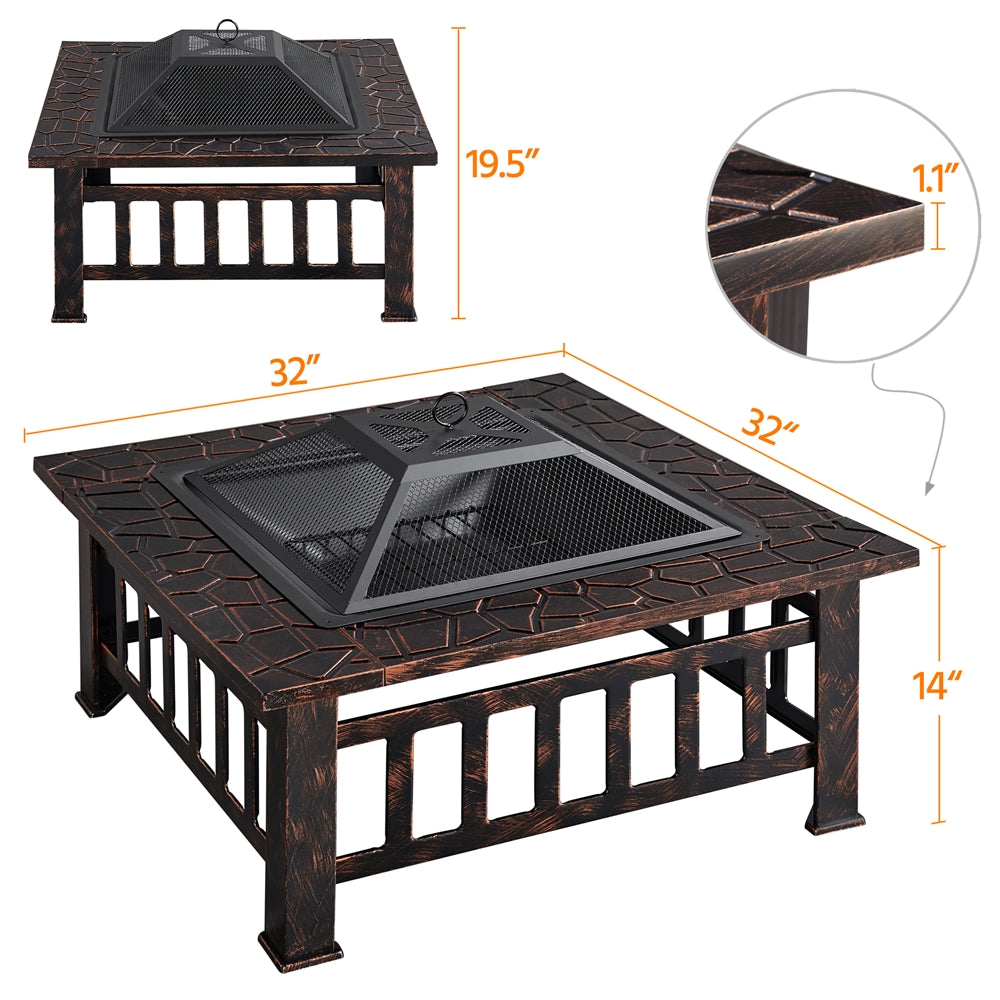 Costoffs Halloween 32in/34in Outdoor Multi-functional Fire Pit Wood Fire Pit Table for Patio Camping Square Firepit for Barbecue, Heating, Cooling w/Cover, Poker