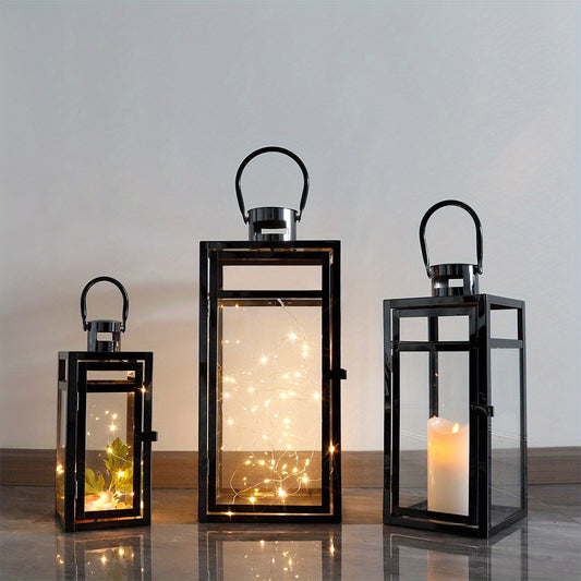 Set of 3 Stainless Steel Lantern - Assorted Sizes (12/ 15/ 19 Inch) - Metal Hanging Lantern with Clear Glass Panels Indoor Outdoor Home Decor for Parties & Events - Black Finish