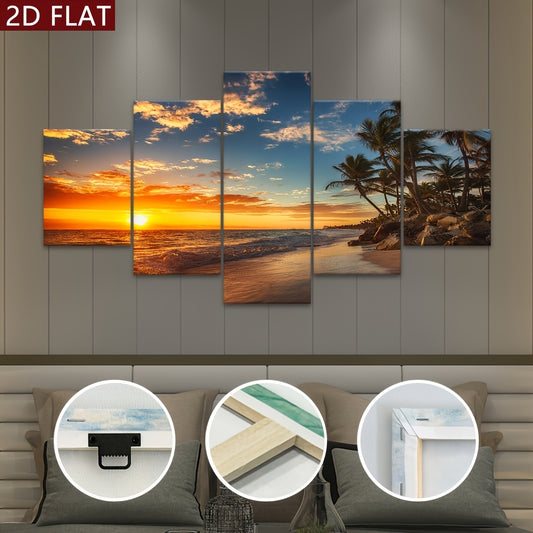 2D Flat, [2D FLAT] 5pcs Frame Sunset Sea View Beach Coconut Trees Canvas Poster, Five Panel Scene Art, Modular Picture, Modern Art, Ideal Decor for Bedroom Living Room Kitchen Dorm, Wall Decoration, Gift for Family Friends, M