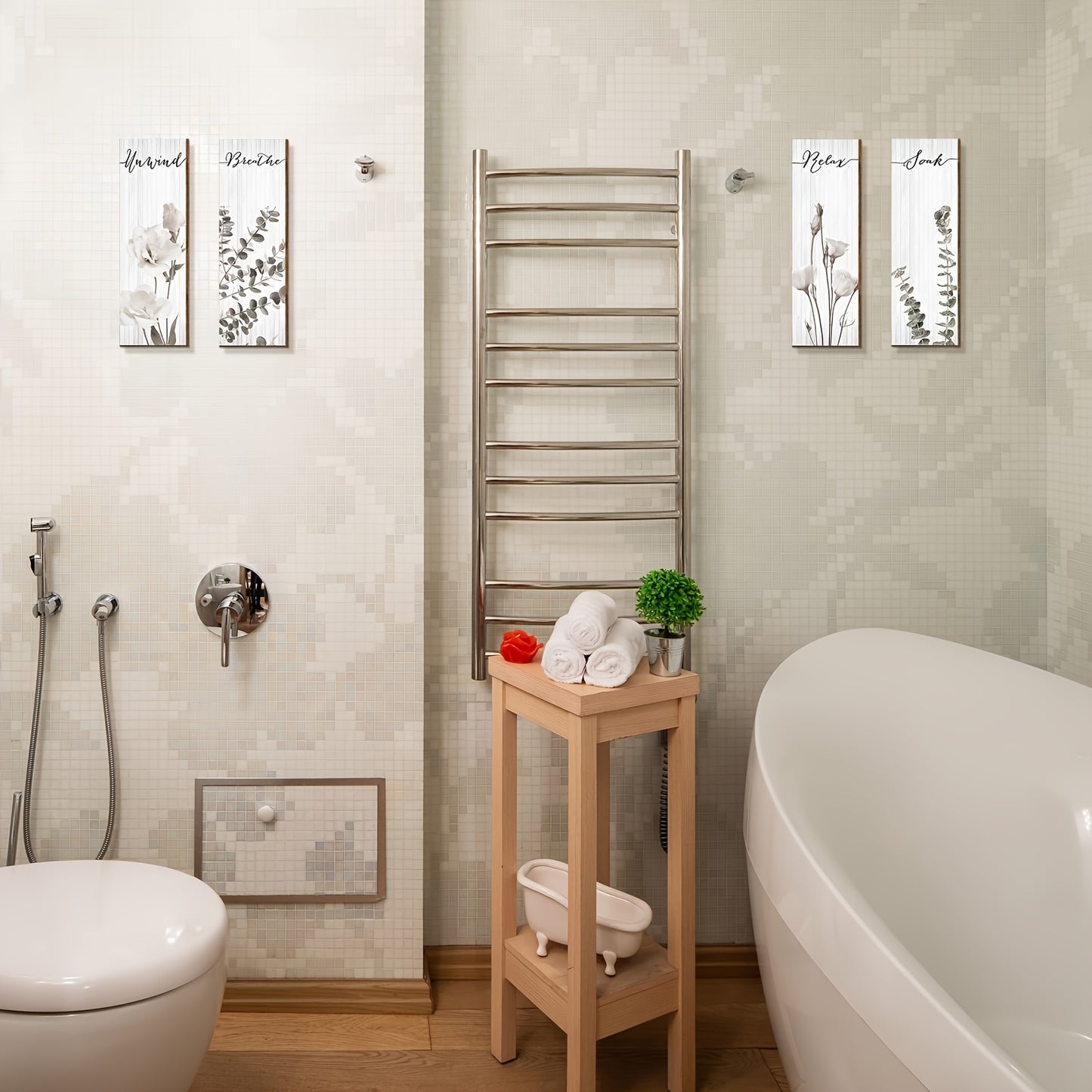 [4pcs Wooden Bathroom Decor] 4pcs Wooden Bohemian Plant Bathroom Wall Decor | Relax Soak and Breathe Bathroom Wall Wood Sign, Minimalist Floral Bathroom Wall Art Home Bathroom Washroom Laundry Room Wall Decoration