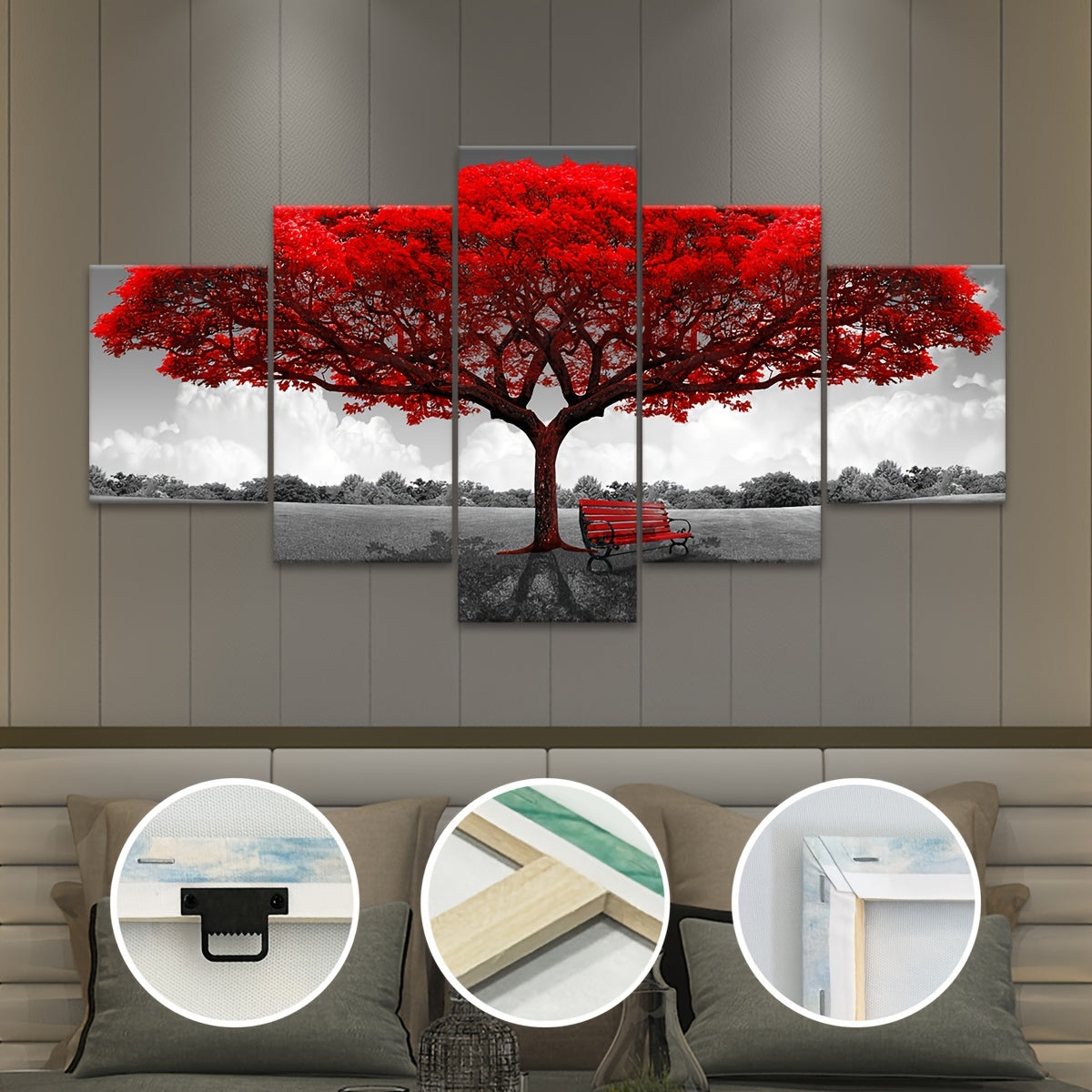 2D Flat, [2D FLAT] 5pcs Frame Red Happiness Tree Canvas Poster, Five Panel Scene Art, Modular Picture, Print Painting, Modern Art, Ideal Decor for Bedroom Living Room Kitchen Dorm, Wall Decoration, Gift for Family Friends, Mu