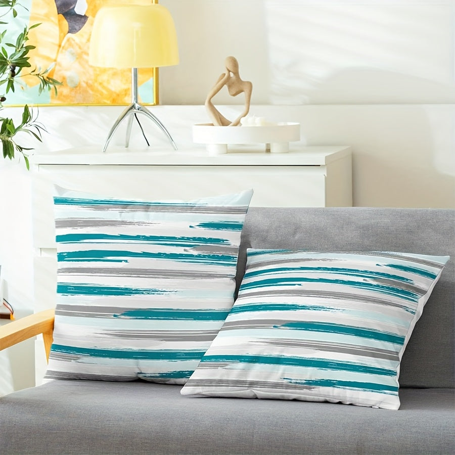 [Modern Throw Pillow Covers] 2pcs Polyester Throw Pillow Covers - 18x18 Inch, Contemporary Stone Geometric Texture, Teal Turquoise Aqua Grey Striped Print, Zipper Closure Decorative Cushion Covers for Couch, Bed, Sofa - Machi
