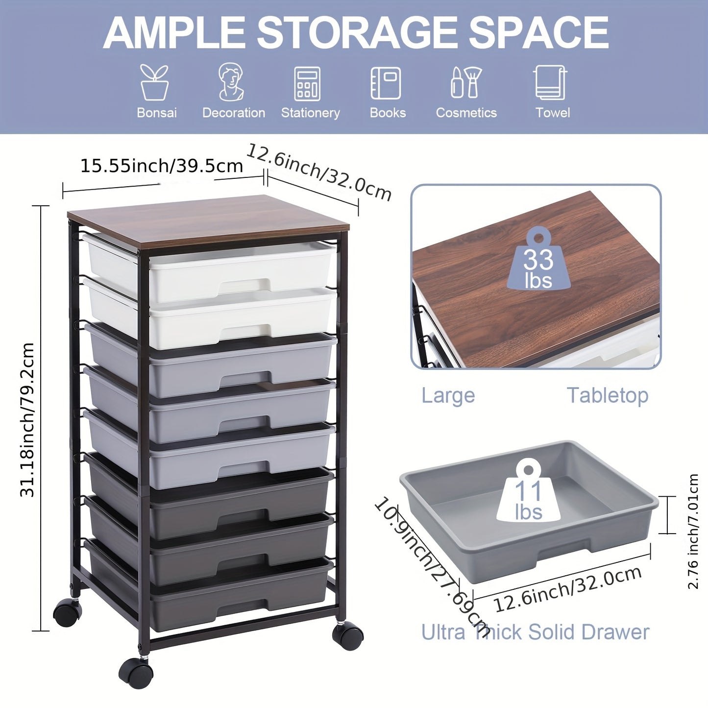 Rolling Storage Cart with Drawers, Utility Cart with 8 Drawers And Tabletop, Rolling Drawer Cart, Storage Drawer Cart for Living Room, Classroom, Bedroom, Bathroom, Dorm, Office, Dark Grey