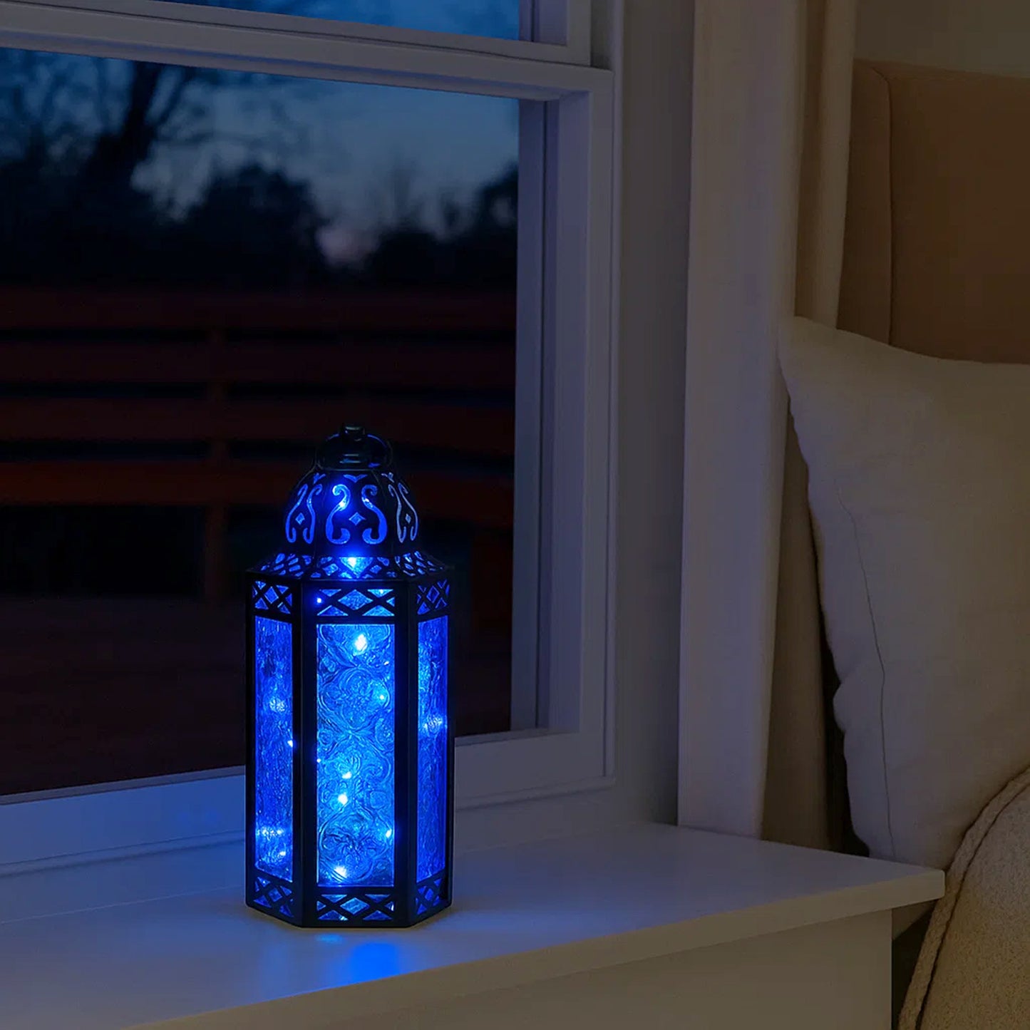 Stunning Ambient Lighting Safe and Stylish Glass Metal Moroccan Candle Lantern Holder Lamp with Battery-Operated LED Lights plus Remote Control – Handcrafted Lantern with Intricate Design and Embossed Glass, Indoor Home Dec