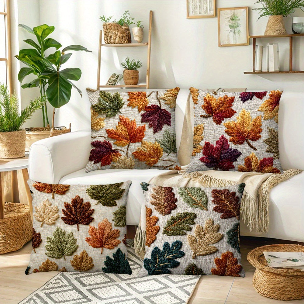 4pcs, Autumn leaf embroidery style (non genuine embroidery) throw pillow cover, living room sofa cushion decoration cushion cover, home decoration square 18x18 inch pillowcase, Suitable for bedrooms, sofas, living rooms.
