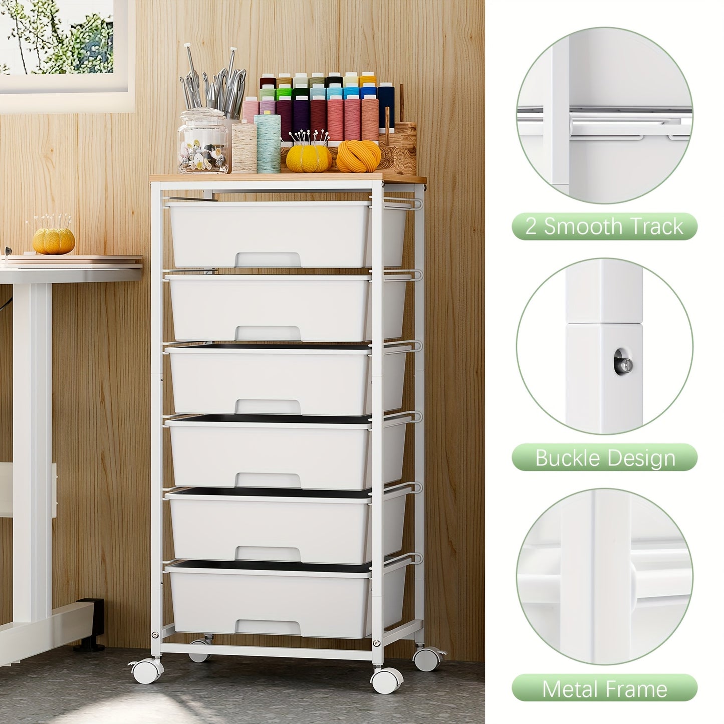TOOLF Rolling Storage Cart With Drawers, Utility Cart With 6 Drawers And Tabletop, Craft Storage Cart With Lockable Wheels For Bedroom, Office, Classroom, Living Room