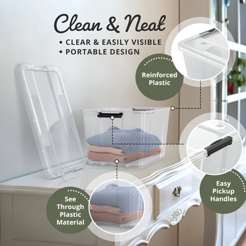 6pcs/set 34QT/54QT/75QT, [Upgraded Version] With Lid Storage Box, Super Durable Lid And Safety Buckle - Super Transparent, Toy Stackable Book, Clothing Storage Container, Closet, Wardrobe, Bedroom, Bathroom, Office Home Plast