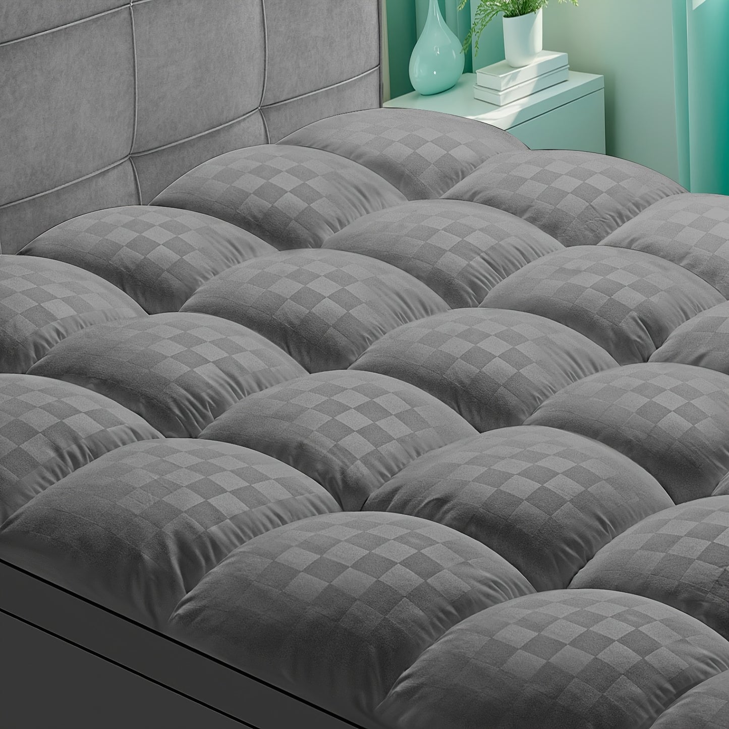 1500GSM Ultra - Thick Microfiber Checkered Mattress Topper & Protector - Deep Pockets, 21.7D Tight Fit, Soft Down - Alternative Fill, Machine Washable, Single Mattress Cover, Futon Mattress Cover, Super King Mattress Protecto