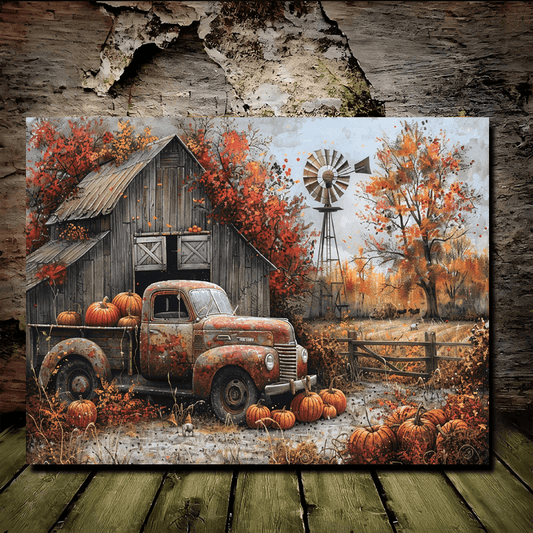 Autumn Harvest Canvas Art - Vintage Truck & Pumpkin Print, Rustic Farmhouse Decor for Home, Christmas, Beach Parties, Graduations, Anniversaries, Bachelorette Celebrations - 11.8"x15.7, Perfect for Room Decor