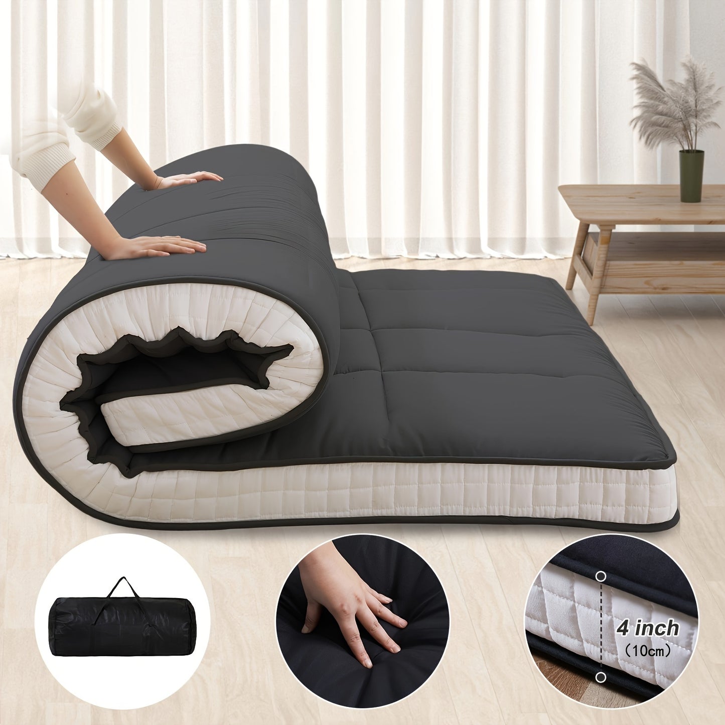 LILYPELLE 4" Extra Thick Japanese-Style Floor Mattress - Memory Foam Foldable Roll-Up Design, Portable with Carrying Bag, Machine Washable for Camping, Travel, Guest Bed & Home Use, Home Sleeping Mat | Portable Mattress | Mem