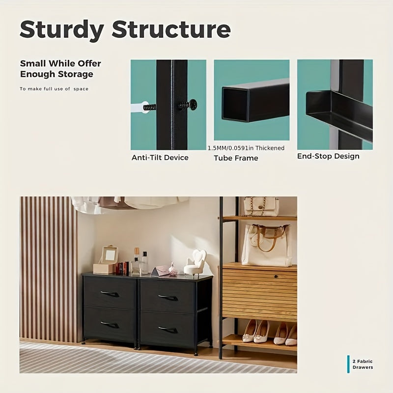 OLIXIS Set Of 2 Nightstand With 2 Storage Drawers, 20" Height Small Furniture End Table, Wooden Top Fabric Cabinet Night Stand Mini Dresser, Office Storage Cabinet, Suitable For Office
